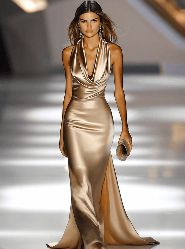 Noelia – Vestido maxi de satén color champán dorado con escote drapeado