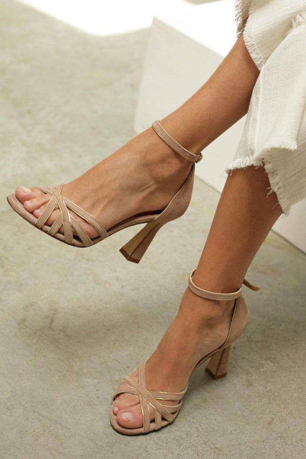 Elviera | Sandalias con puntera abierta en patchwork y tacón delgado