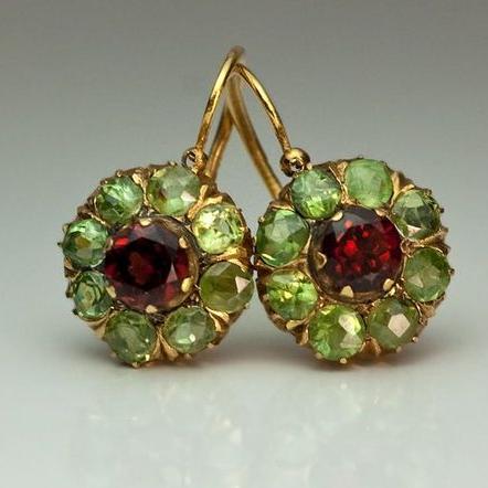 Pendientes Vintage Rojos y Verdes de Cristal Redondos