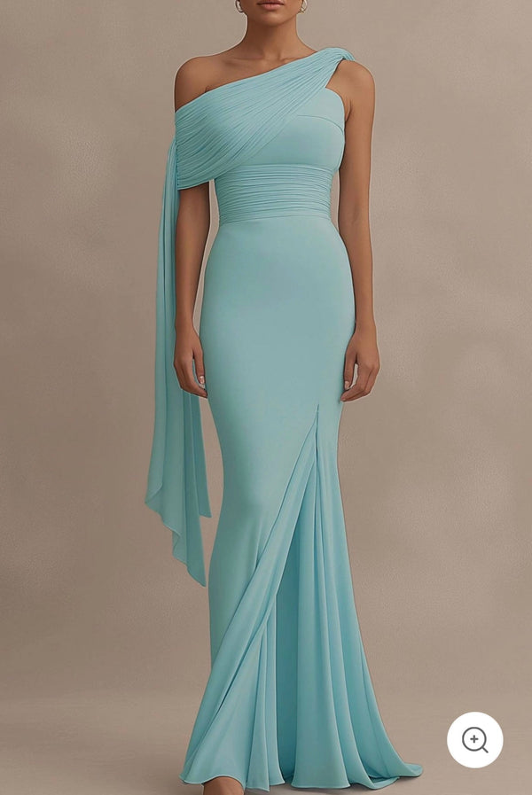 Lyanna | Vestido de un hombro con drapeado en azul celeste