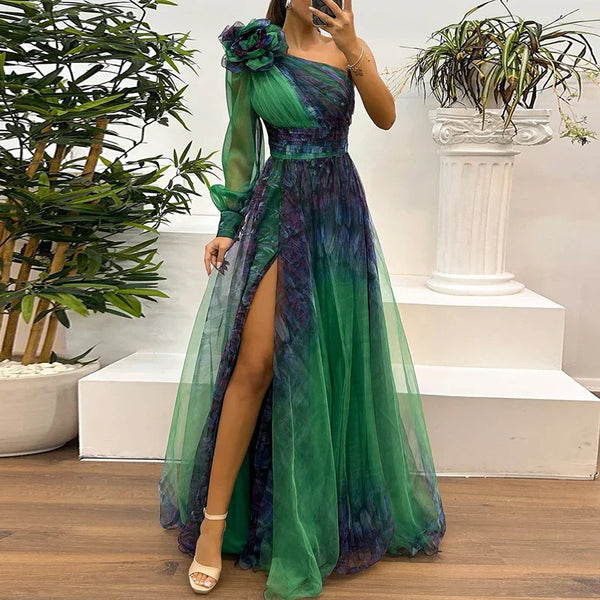 Nayeli | Vestido maxi de moda con estampado de malla y un solo hombro