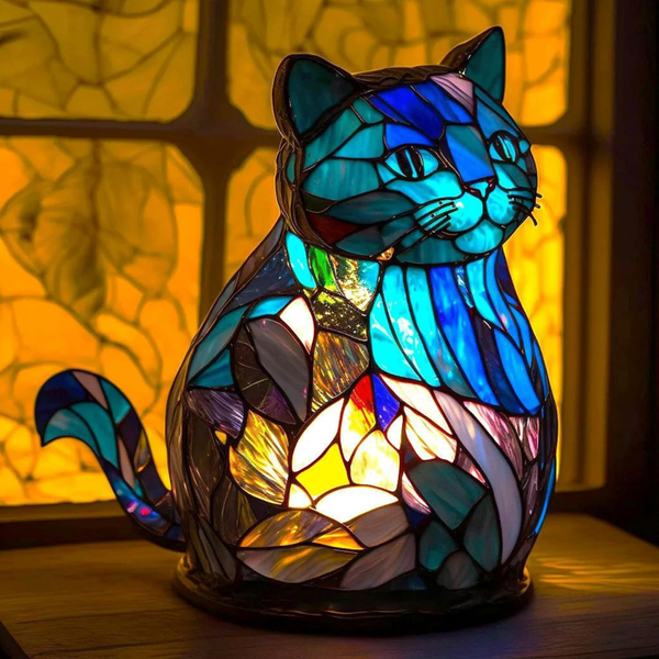 Lámpara de Gato Azul de Vidrio Templado