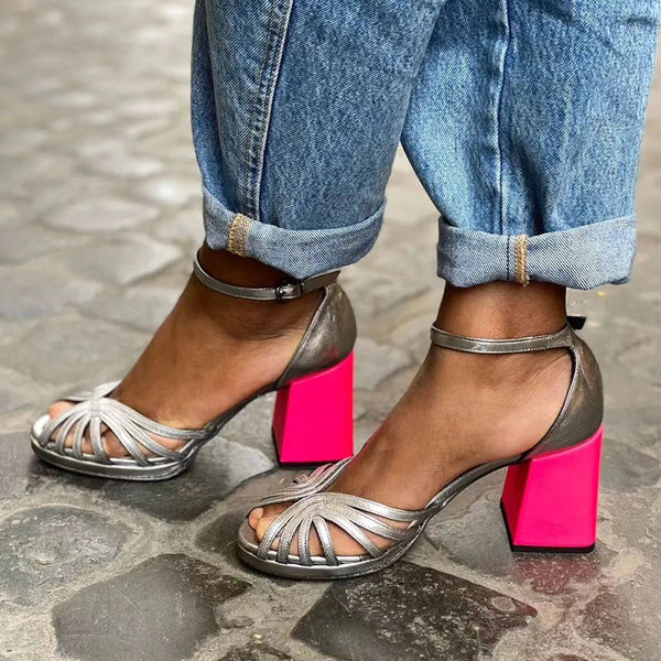 Seraphina | Sandalias brillantes coloridas con hebilla y tacón grueso