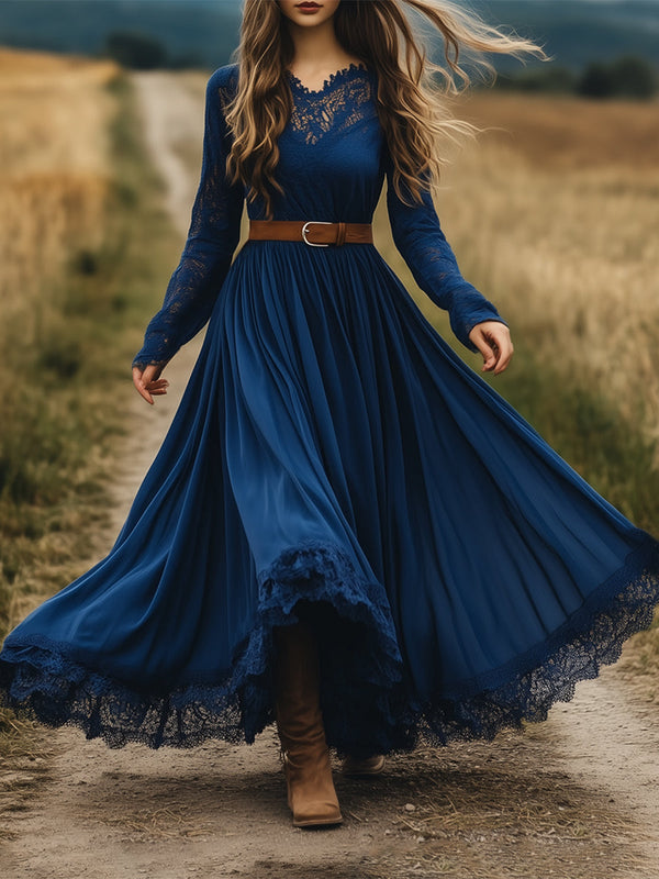 Miriam - Vestido largo azul de mujer con encaje y cinturón