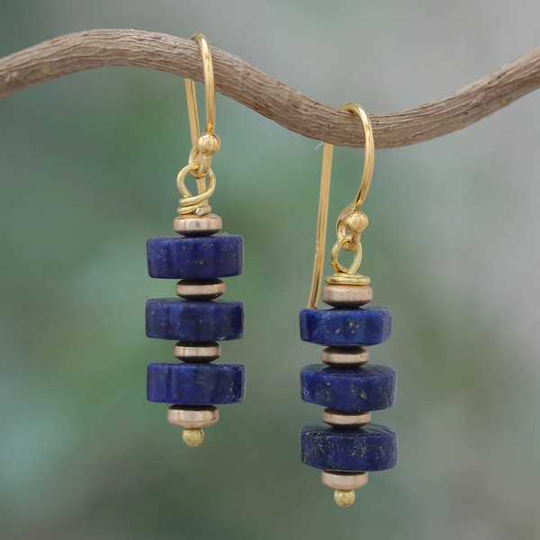 Pendientes Colgantes de Piedra Azul Vintage con Oro